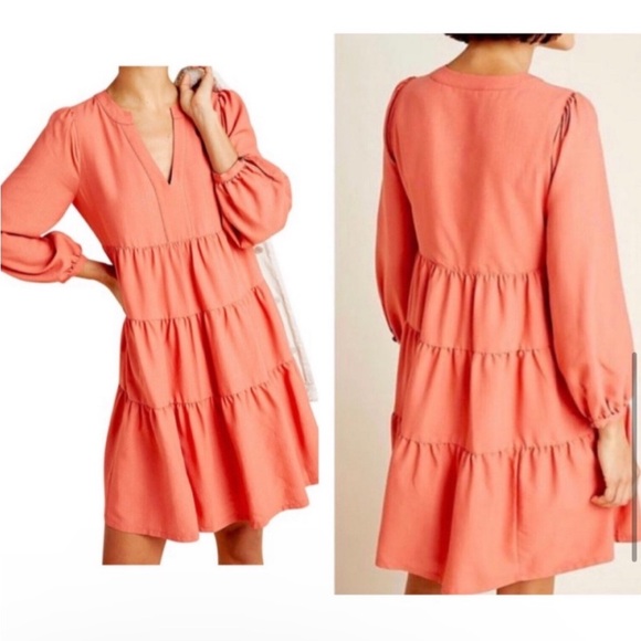 Anthropologie Maeve Amber Tiered Ruffled Tunic Dress 
Coral terracotta color 1X - Picture 2 of 11